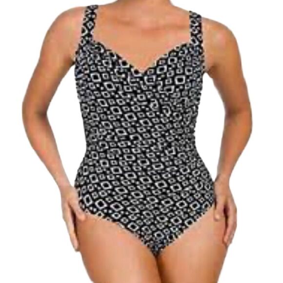 Miraclesuit Geo Print Firm Control V-Neckline Wrap Rush One Piece Swimsuit Sz 16 - Picture 1 of 15